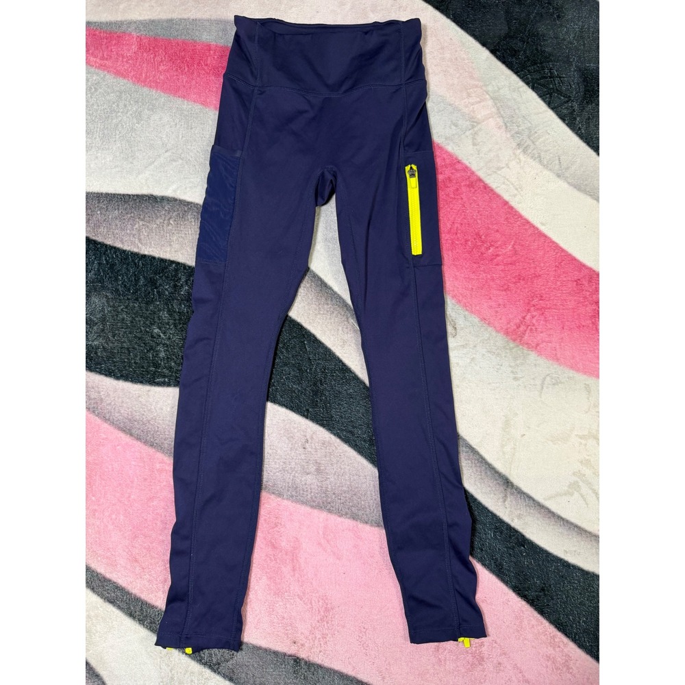 Fabletics Motion365 Navy Blue Neon Yellow Zip Pocket Ankle Leggings Womens XS
